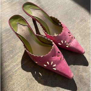 Vintage Pink Leather Slip On Heels Mule Kitten Heel Size 8.5M Fun Y2K vibe